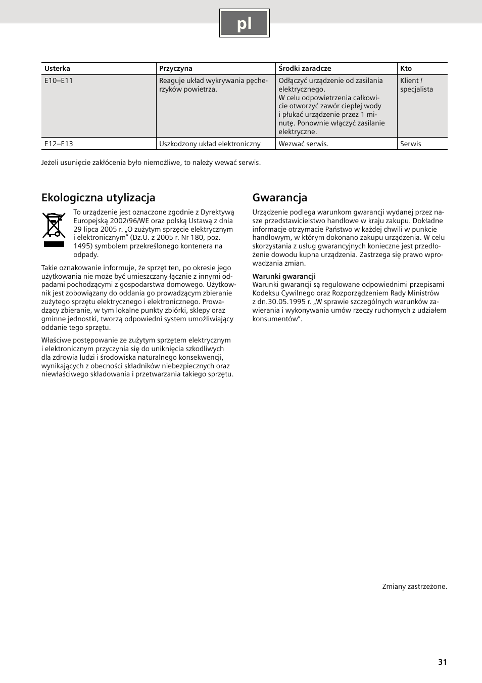 Gwarancja, Ekologiczna utylizacja | Siemens DE2427515 User Manual | Page 37 / 46