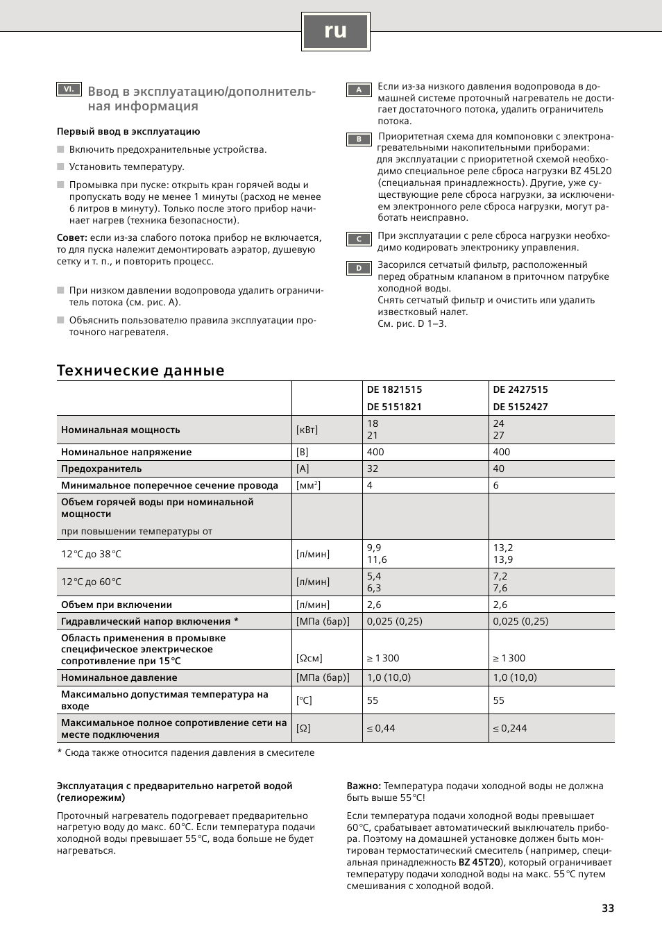 Технические данные, Ввод в эксплуатацию/дополнитель- ная информация | Siemens DE2427515 User Manual | Page 39 / 46