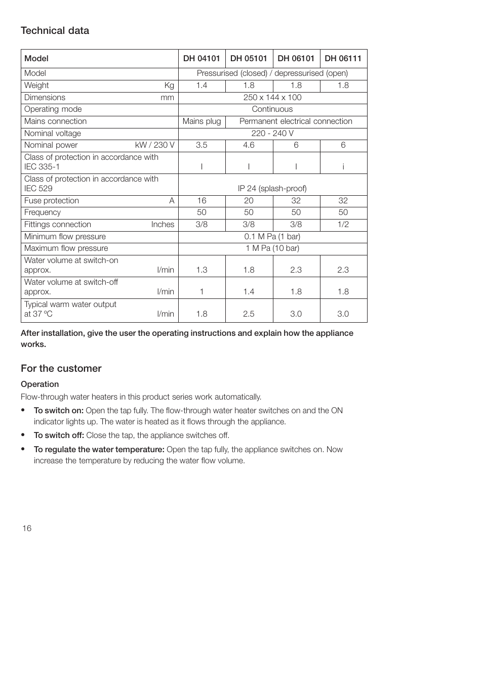 Technical data, For the customer | Siemens DH04101 User Manual | Page 16 / 49