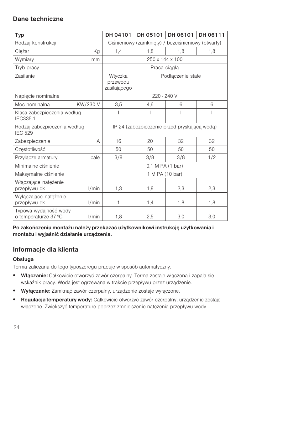 Dane techniczne, Informacje dla klienta | Siemens DH04101 User Manual | Page 24 / 49