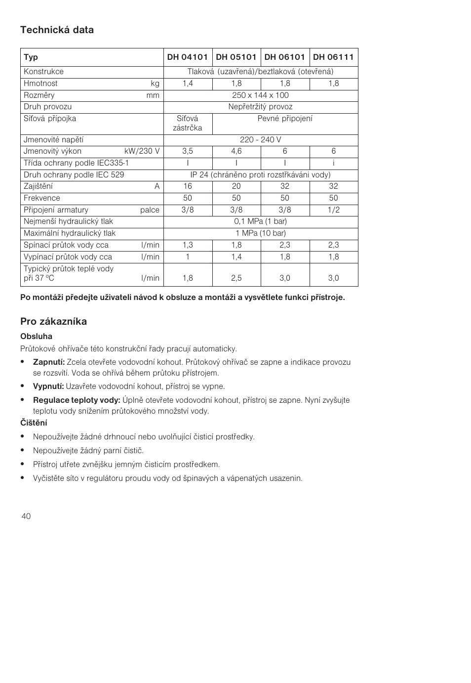 Technická data, Pro zákazníka | Siemens DH04101 User Manual | Page 40 / 49