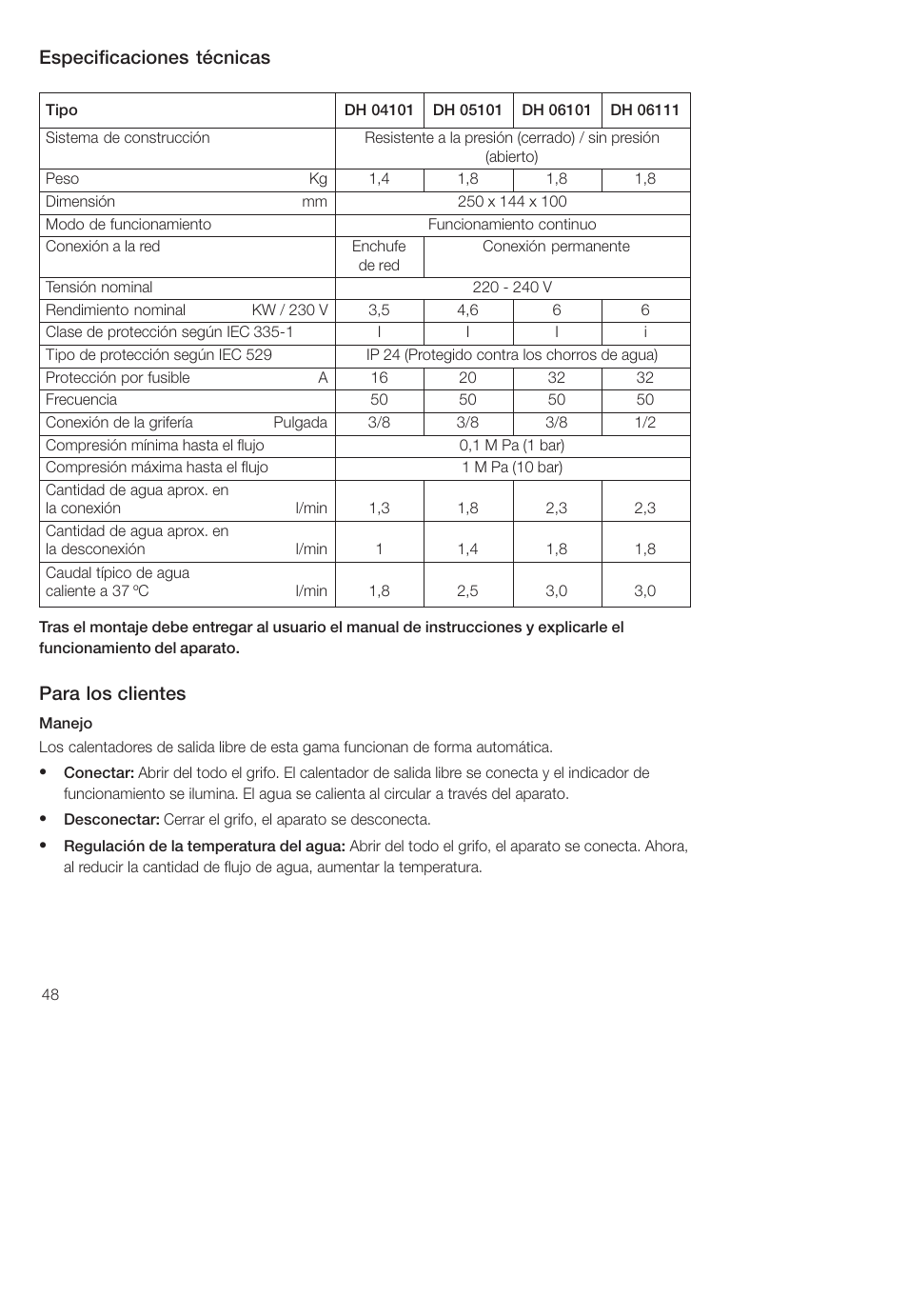 Especificaciones técnicas, Para los clientes | Siemens DH04101 User Manual | Page 48 / 49