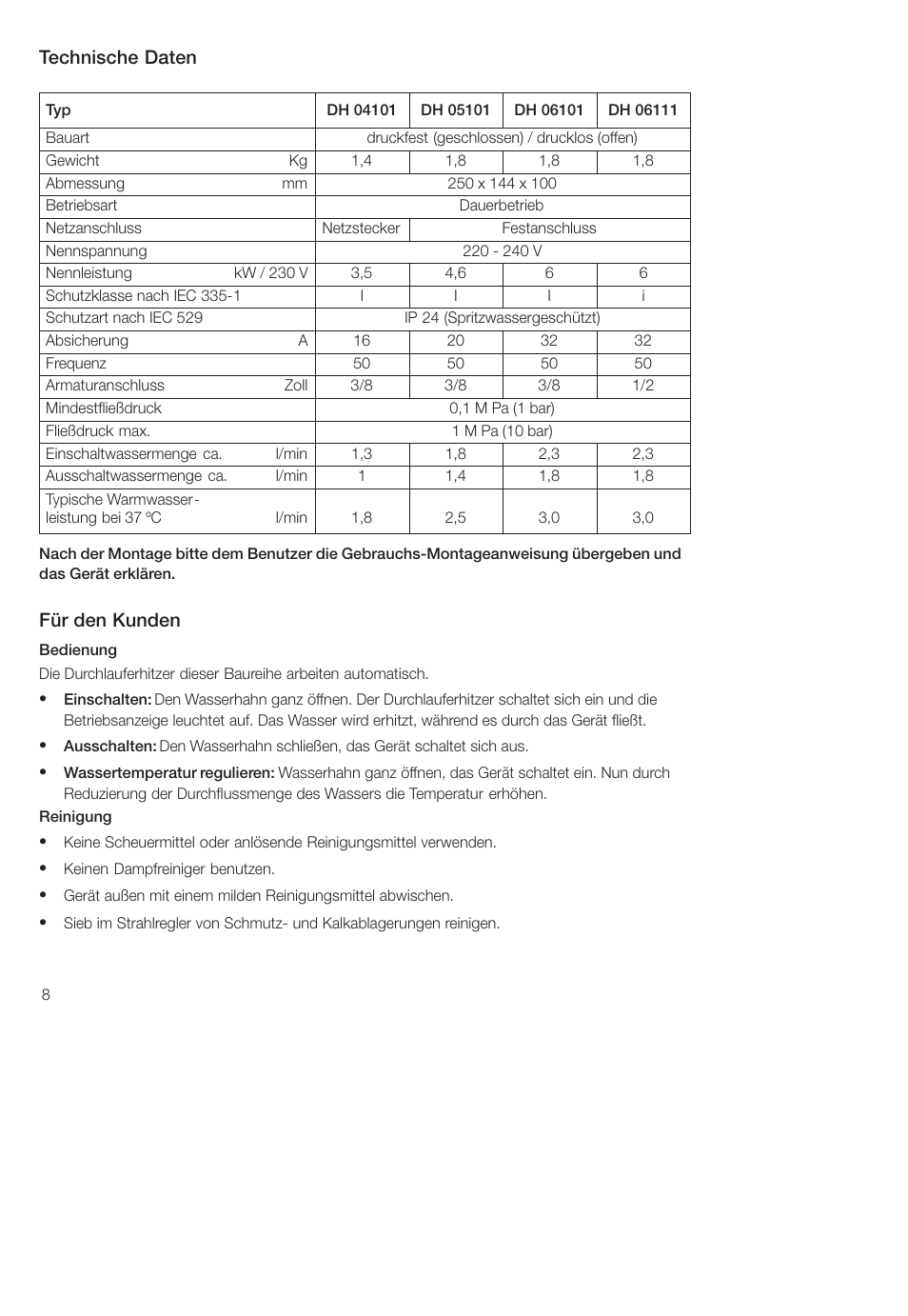 Technische daten, Für den kunden | Siemens DH04101 User Manual | Page 8 / 49