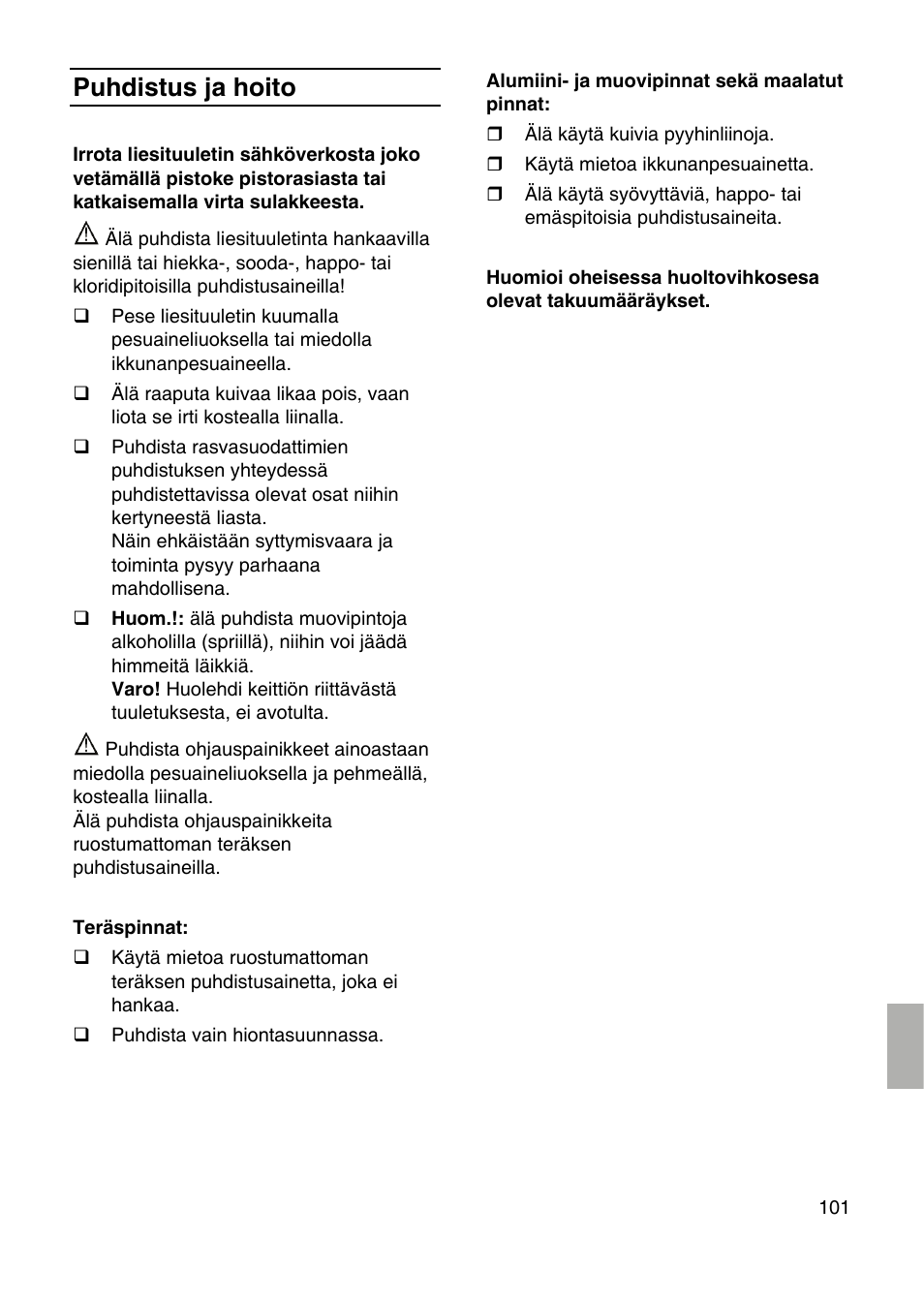 Puhdistus ja hoito | Siemens LF959RA50 User Manual | Page 101 / 124