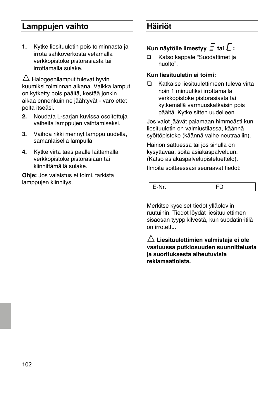 Lamppujen vaihto, Häiriöt | Siemens LF959RA50 User Manual | Page 102 / 124