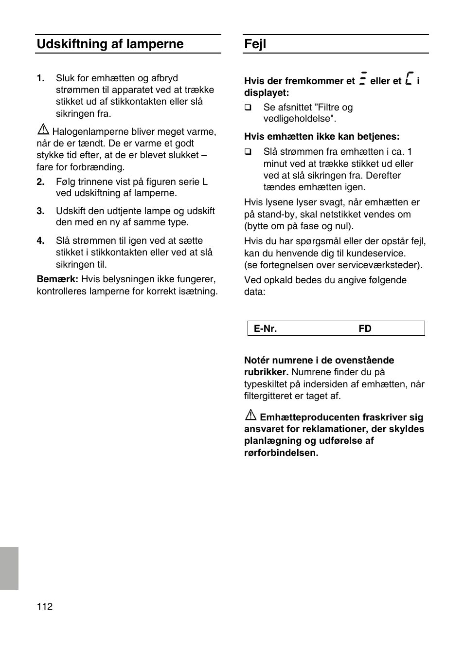 Udskiftning af lamperne, Fejl | Siemens LF959RA50 User Manual | Page 112 / 124