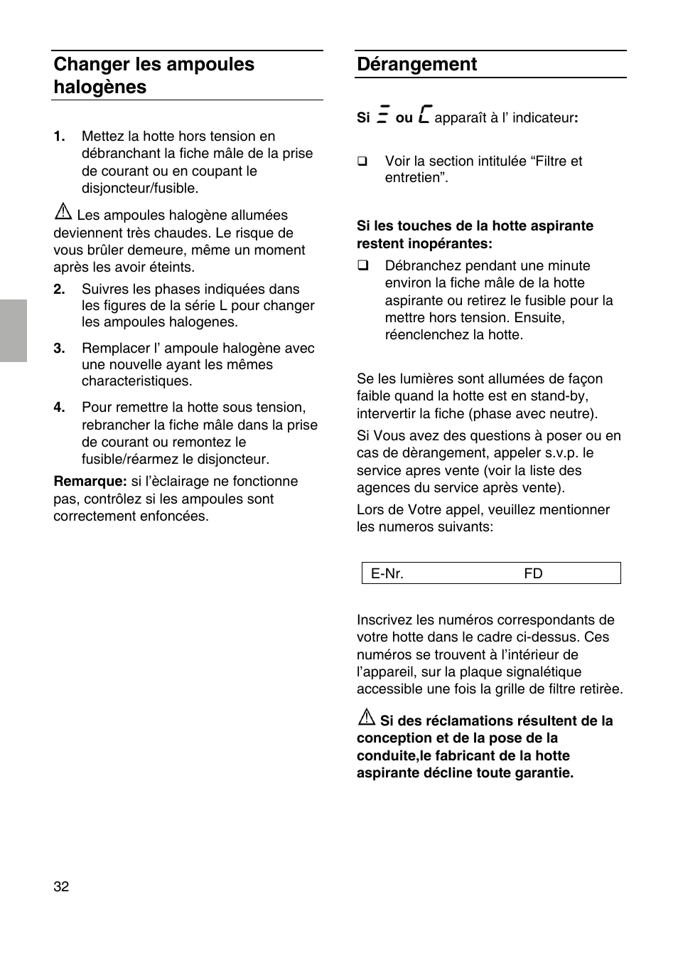 Changer les ampoules halogènes, Dérangement | Siemens LF959RA50 User Manual | Page 32 / 124