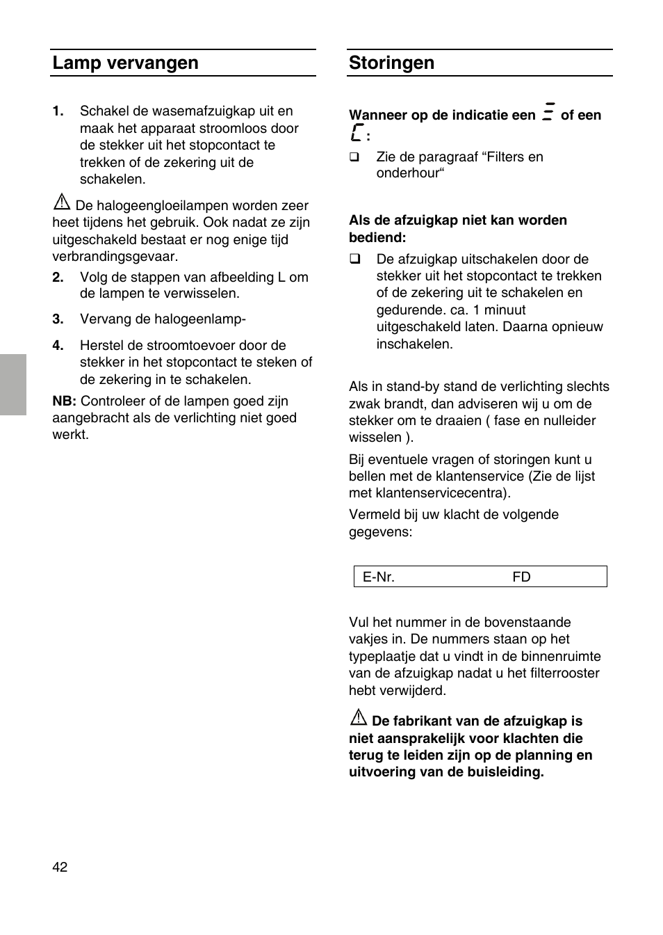 Lamp vervangen, Storingen | Siemens LF959RA50 User Manual | Page 42 / 124