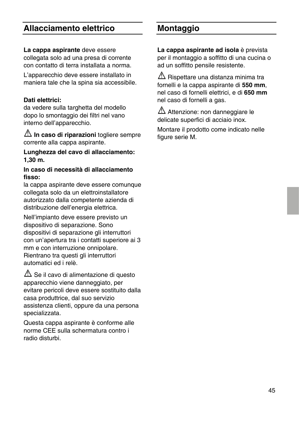 Allacciamento elettrico, Montaggio | Siemens LF959RA50 User Manual | Page 45 / 124