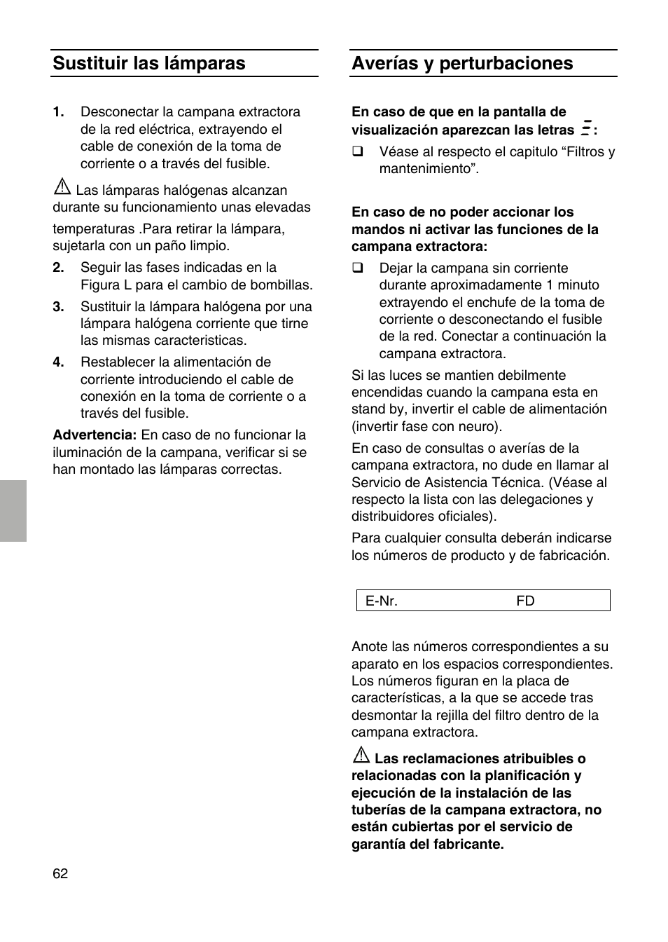 Sustituir las lámparas, Averías y perturbaciones | Siemens LF959RA50 User Manual | Page 62 / 124