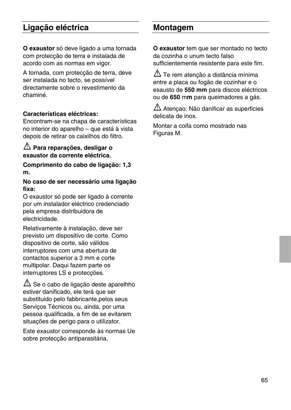 Ligação eléctrica, Montagem | Siemens LF959RA50 User Manual | Page 65 / 124