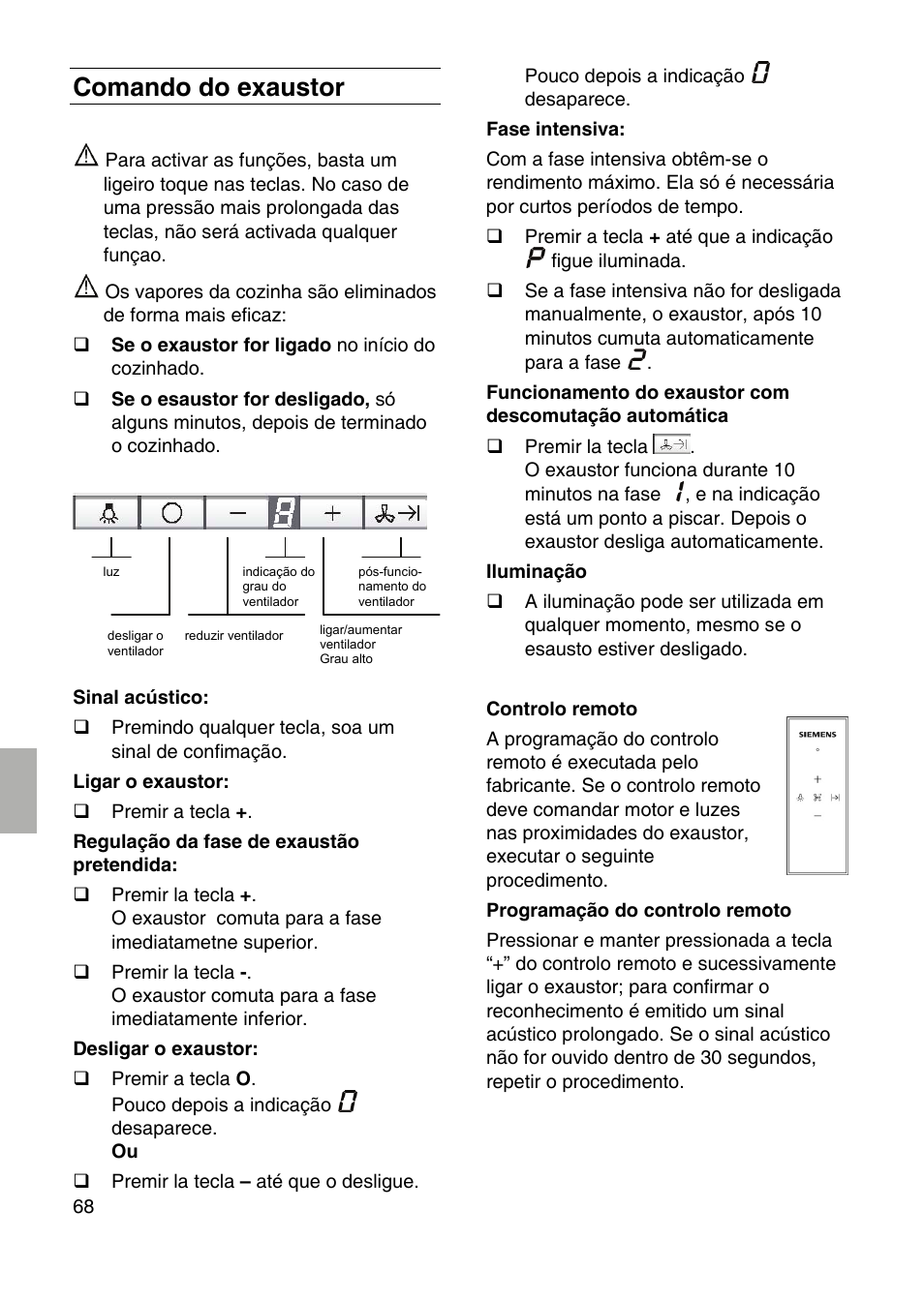 Comando do exaustor | Siemens LF959RA50 User Manual | Page 68 / 124