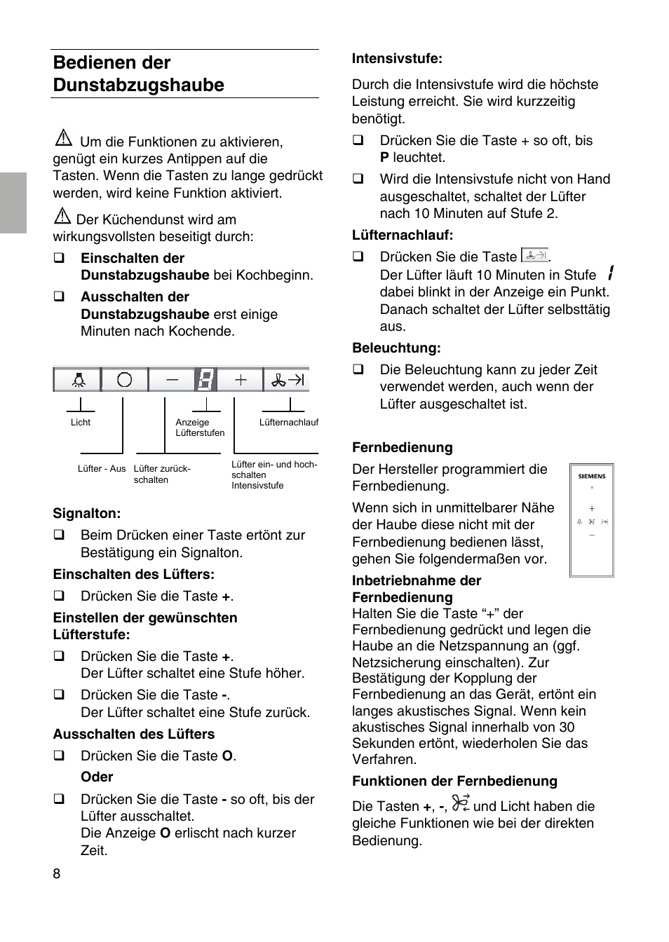 Bedienen der dunstabzugshaube | Siemens LF959RA50 User Manual | Page 8 / 124