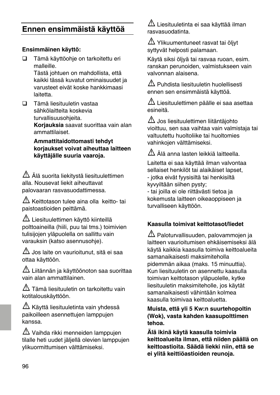 Ennen ensimmäistä käyttöä | Siemens LF959RA50 User Manual | Page 96 / 124