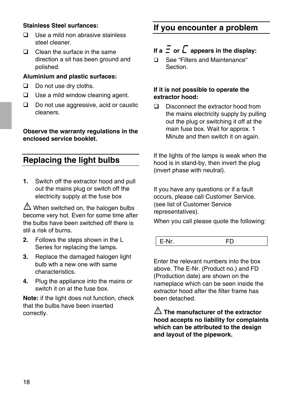 Replacing the light bulbs, If you encounter a problem | Siemens LF959RA50 User Manual | Page 18 / 100