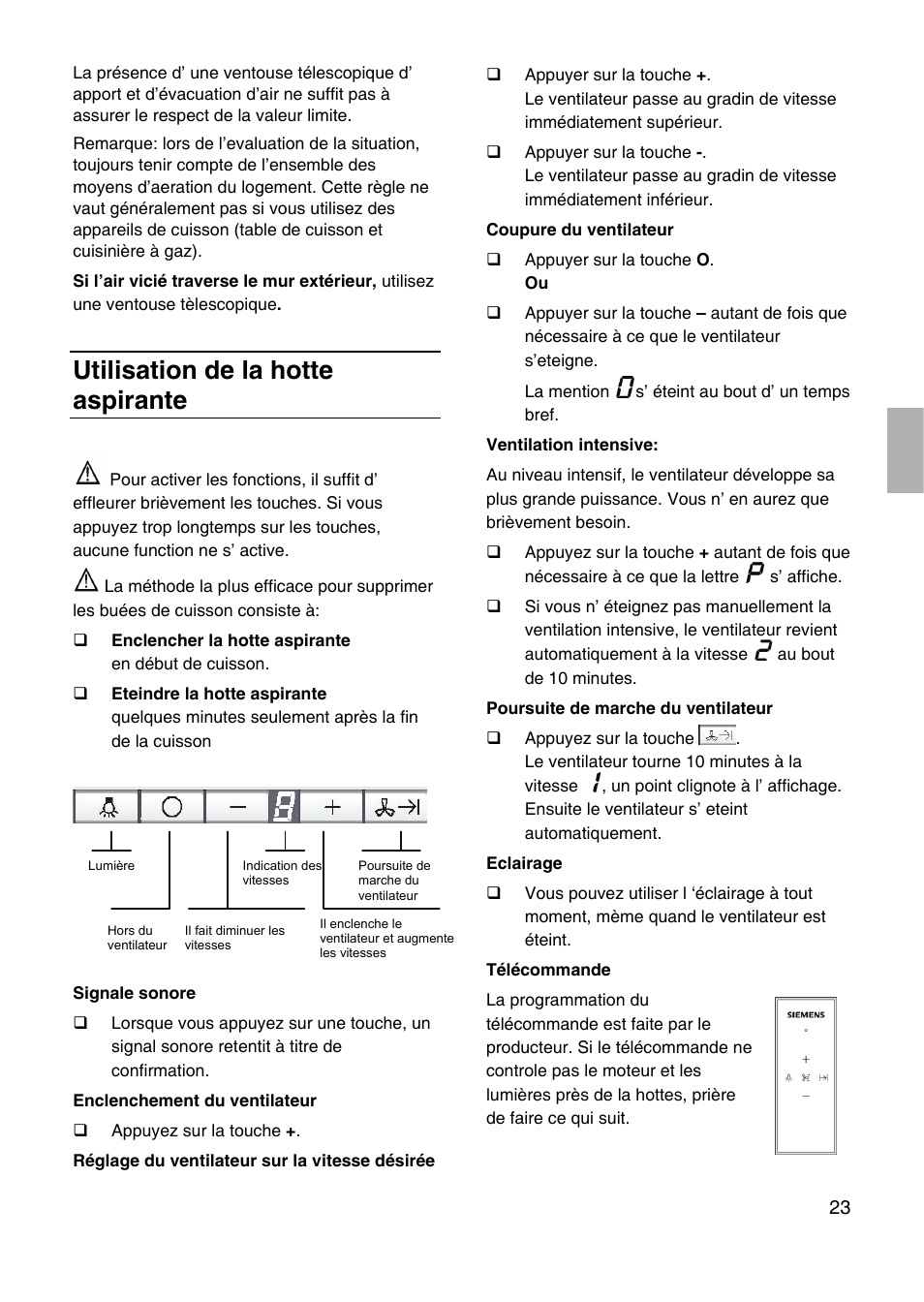 Utilisation de la hotte aspirante | Siemens LF959RA50 User Manual | Page 23 / 100