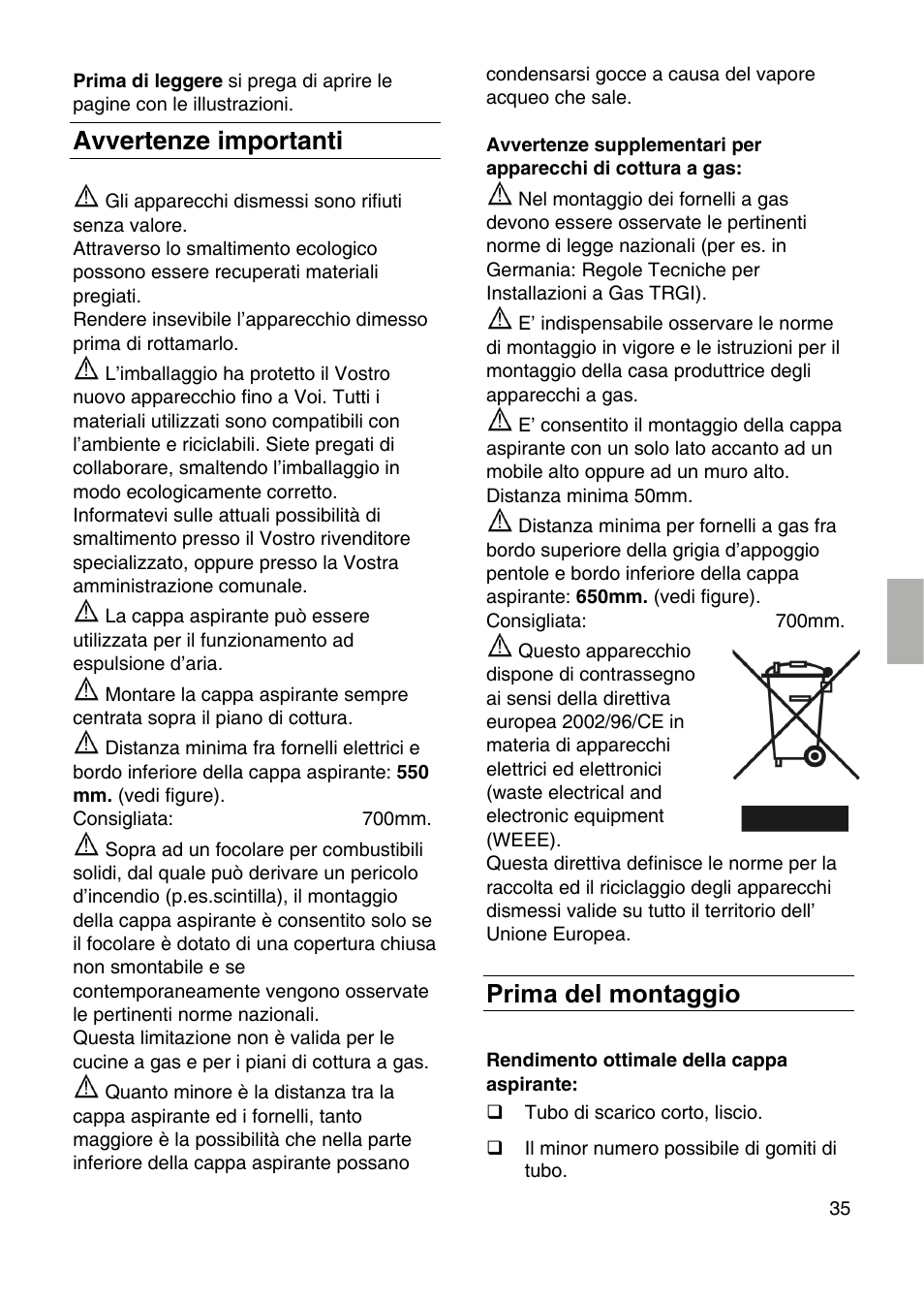 Avvertenze importanti, Prima del montaggio | Siemens LF959RA50 User Manual | Page 35 / 100