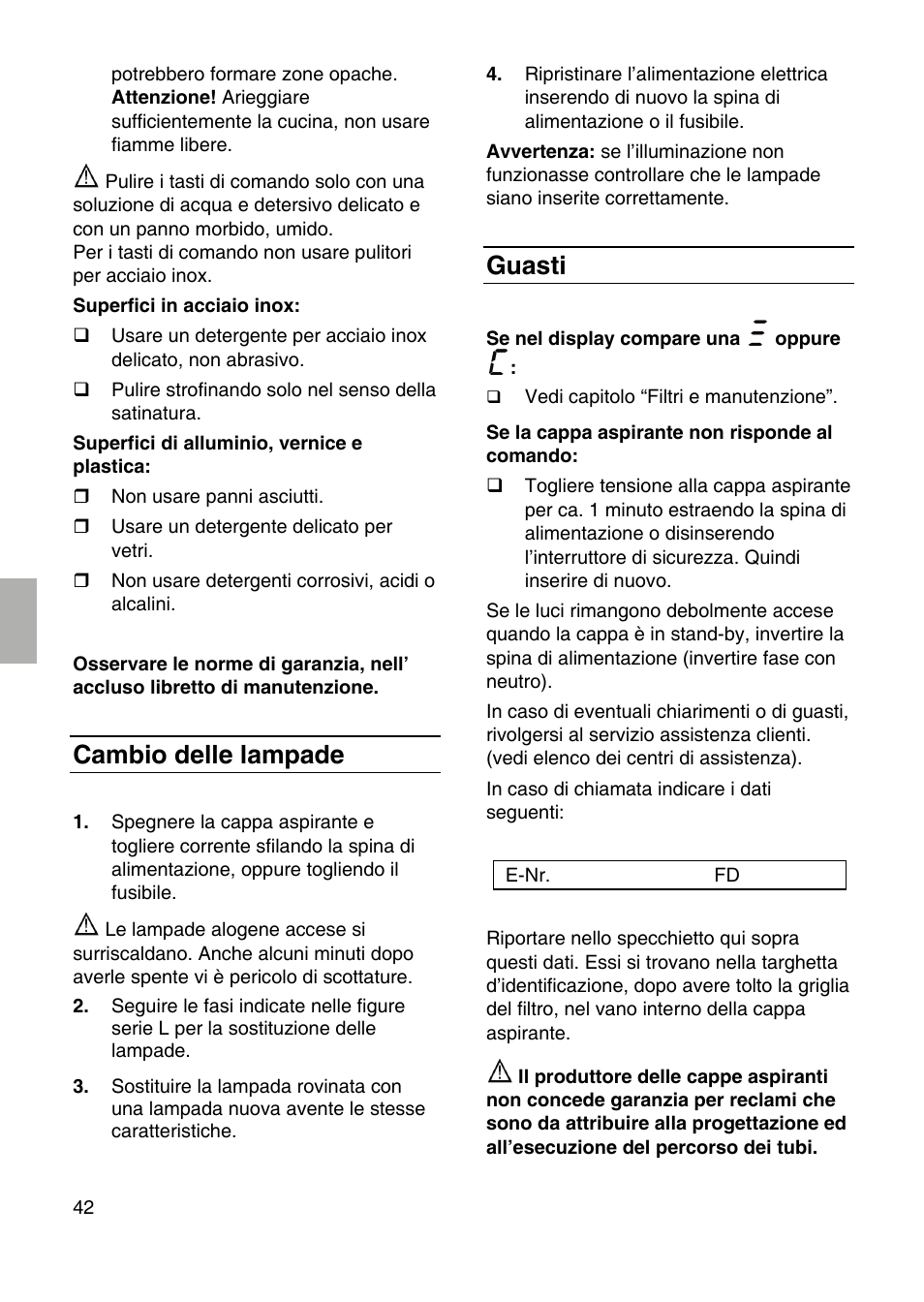 Cambio delle lampade, Guasti | Siemens LF959RA50 User Manual | Page 42 / 100