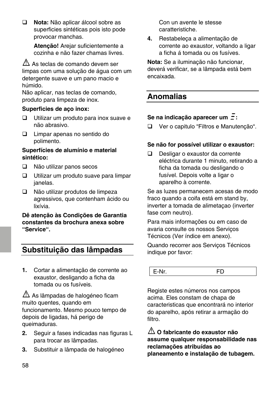 Substituição das lâmpadas, Anomalias | Siemens LF959RA50 User Manual | Page 58 / 100