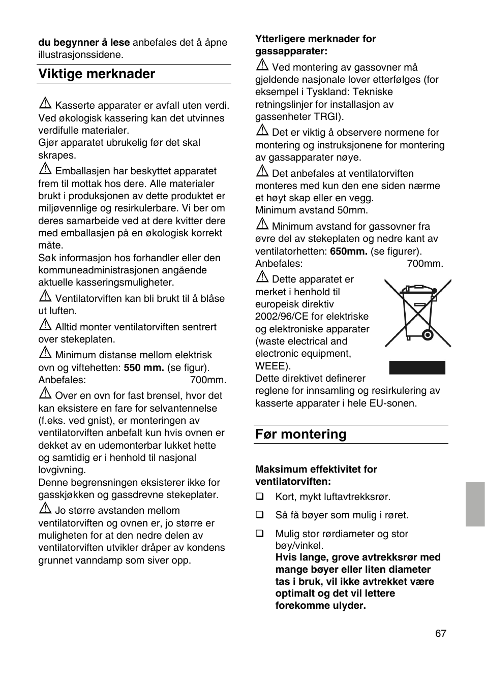Viktige merknader, Før montering | Siemens LF959RA50 User Manual | Page 67 / 100