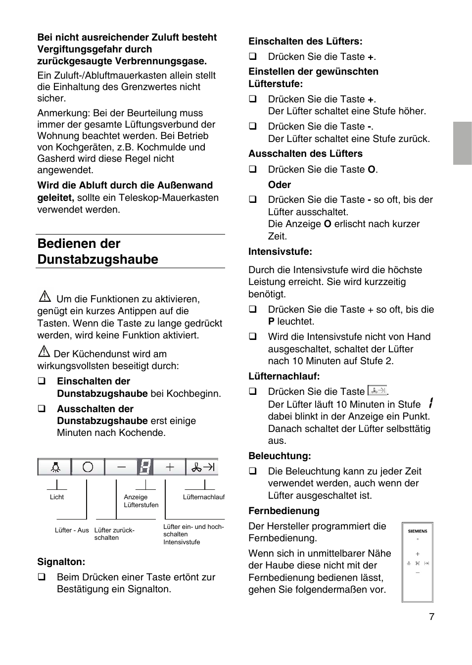 Bedienen der dunstabzugshaube | Siemens LF959RA50 User Manual | Page 7 / 100