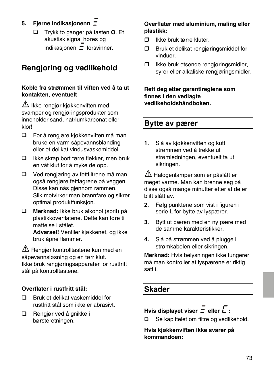 Rengjøring og vedlikehold, Bytte av pærer, Skader | Siemens LF959RA50 User Manual | Page 73 / 100