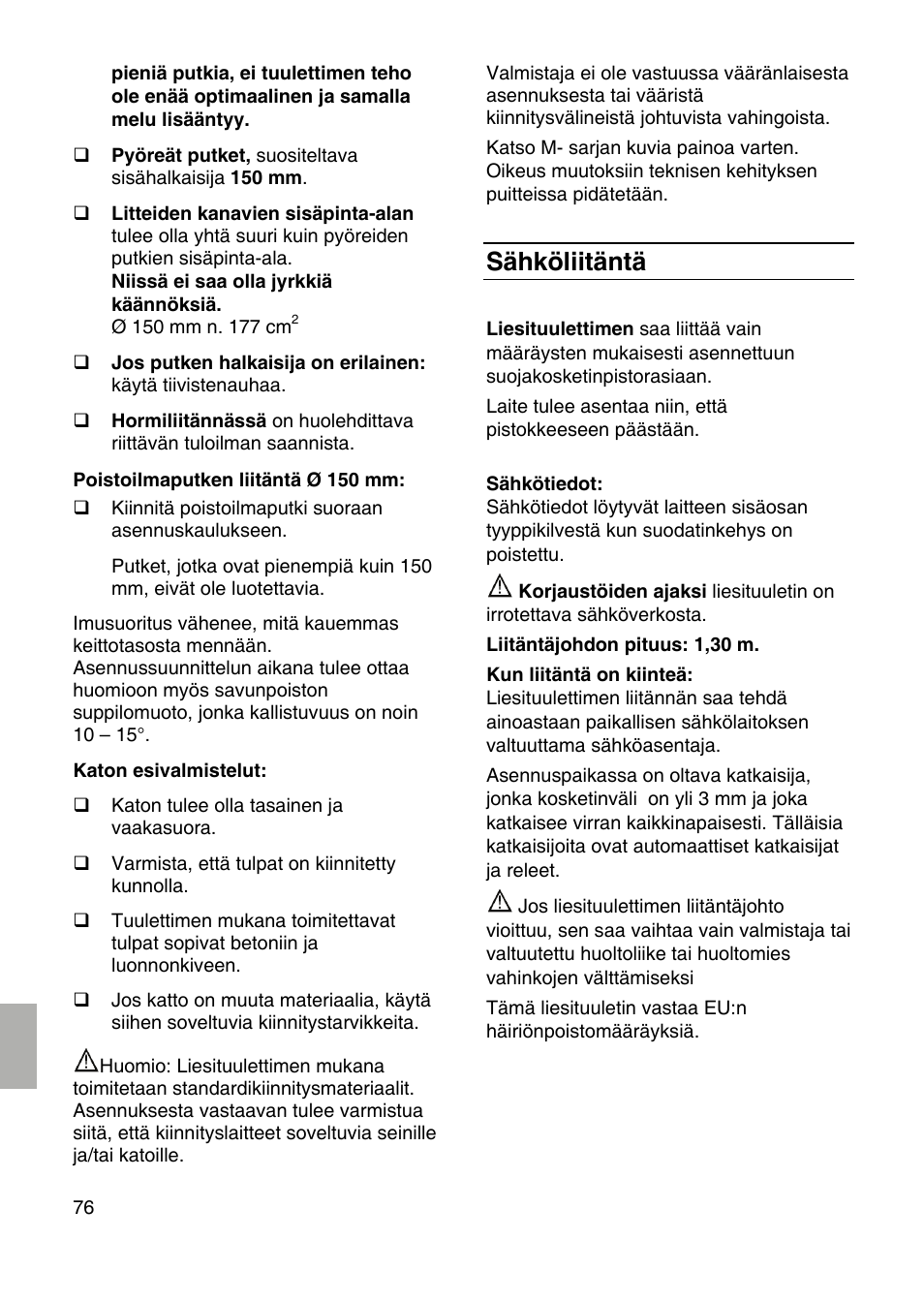 Sähköliitäntä | Siemens LF959RA50 User Manual | Page 76 / 100