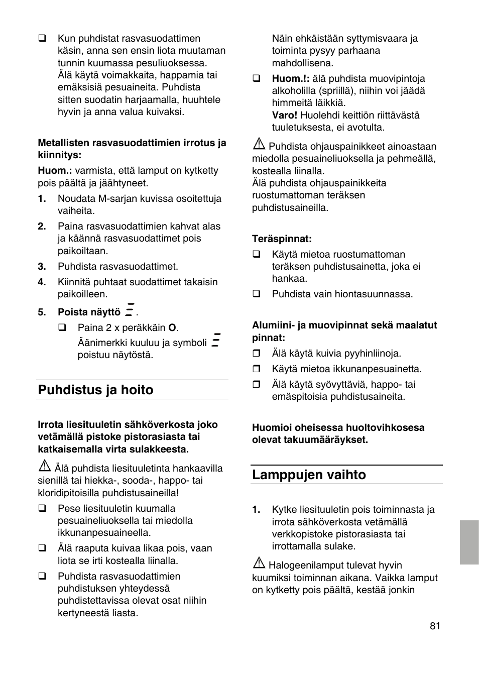 Puhdistus ja hoito, Lamppujen vaihto | Siemens LF959RA50 User Manual | Page 81 / 100