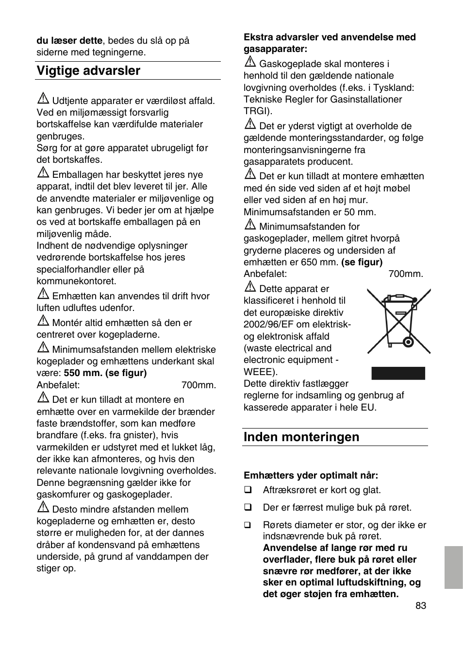 Vigtige advarsler, Inden monteringen | Siemens LF959RA50 User Manual | Page 83 / 100