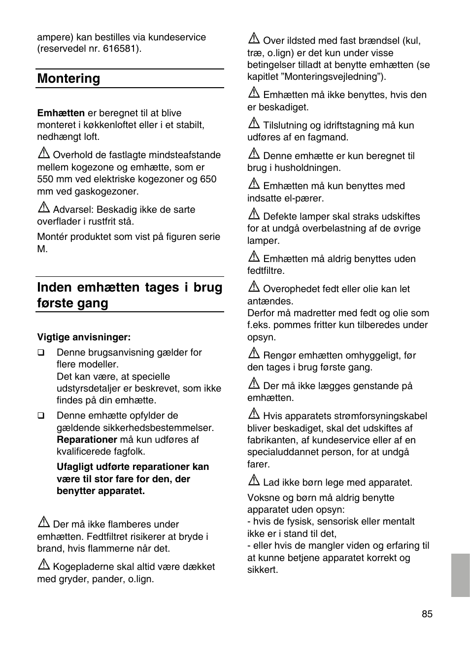 Montering, Inden emhætten tages i brug første gang | Siemens LF959RA50 User Manual | Page 85 / 100