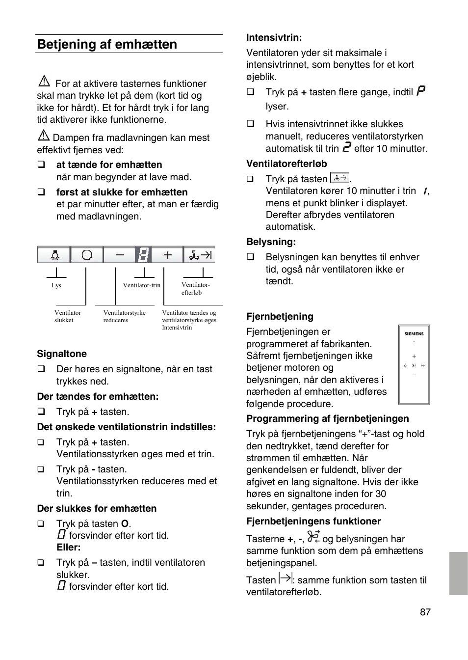 Betjening af emhætten | Siemens LF959RA50 User Manual | Page 87 / 100