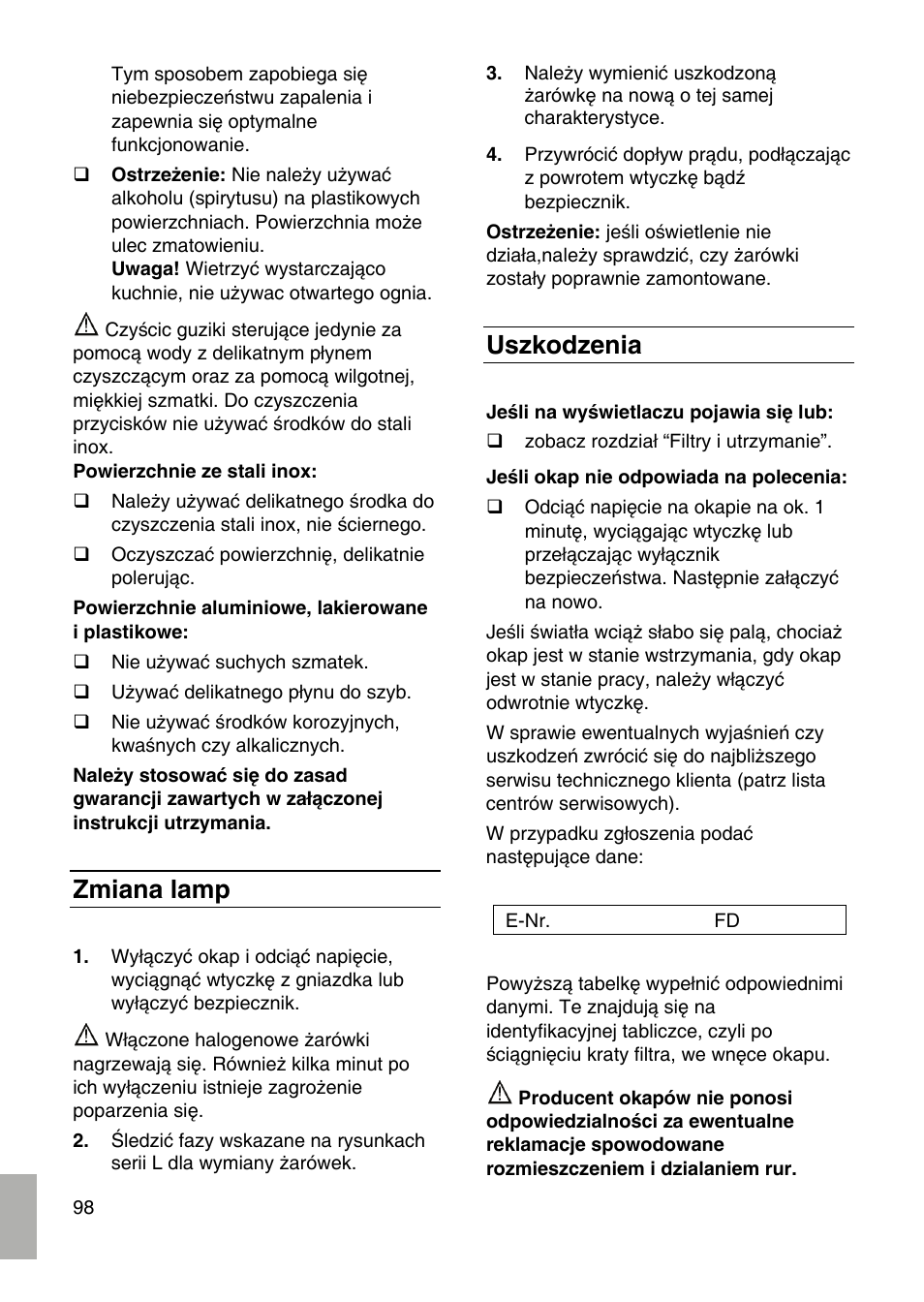 Zmiana lamp, Uszkodzenia | Siemens LF959RA50 User Manual | Page 98 / 100