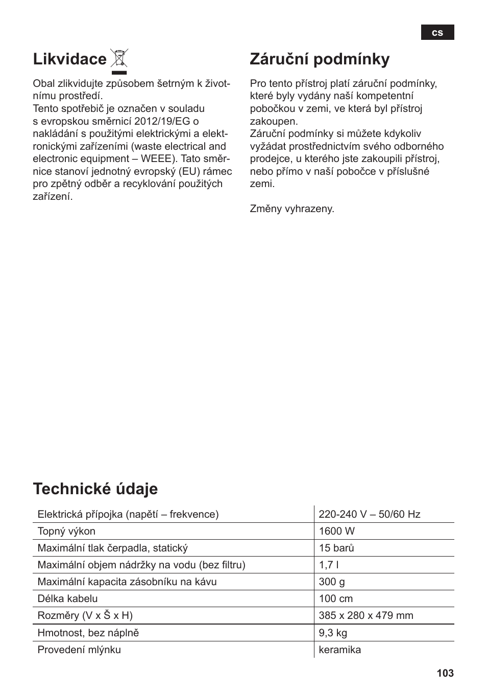 Likvidace, Technické údaje, Záruční podmínky | Siemens TE506209RW User Manual | Page 107 / 138