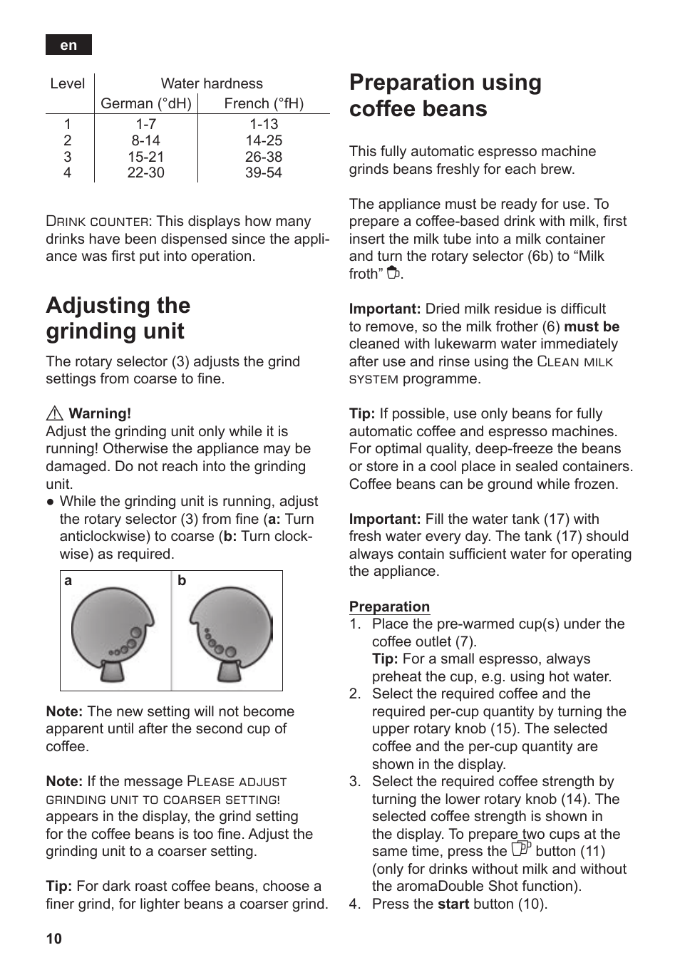 Adjusting the grinding unit, Preparation using coffee beans | Siemens TE506209RW User Manual | Page 14 / 138