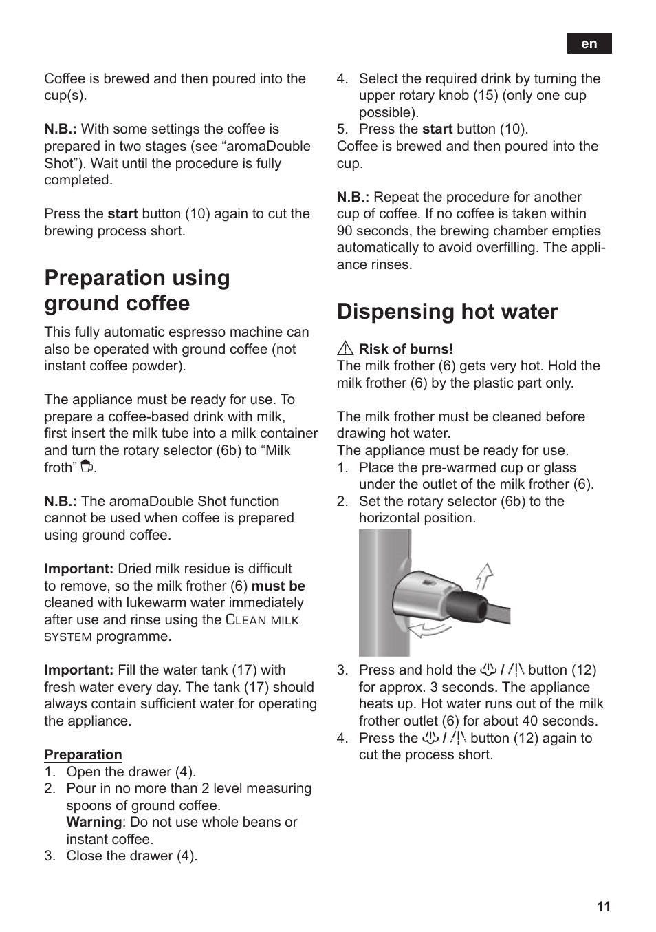Preparation using ground coffee, Dispensing hot water | Siemens TE506209RW User Manual | Page 15 / 138