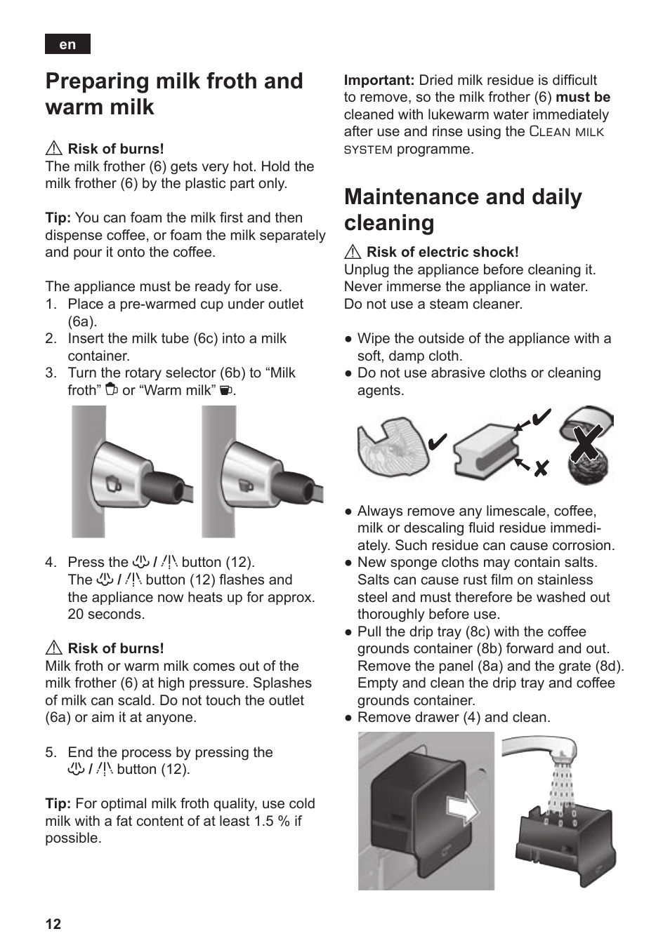 Preparing milk froth and warm milk, Maintenance and daily cleaning | Siemens TE506209RW User Manual | Page 16 / 138