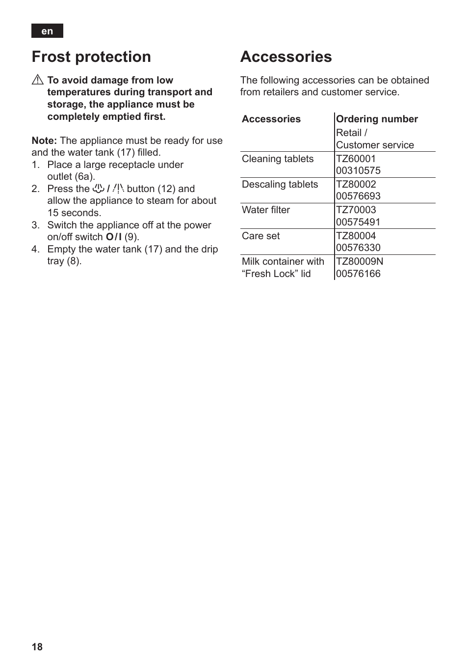 Frost protection, Accessories | Siemens TE506209RW User Manual | Page 22 / 138