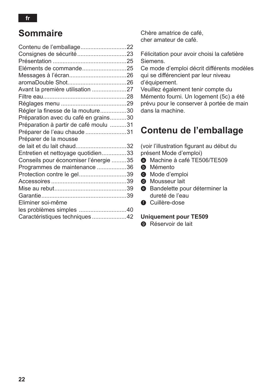 Contenu de l’emballage, Sommaire | Siemens TE506209RW User Manual | Page 26 / 138