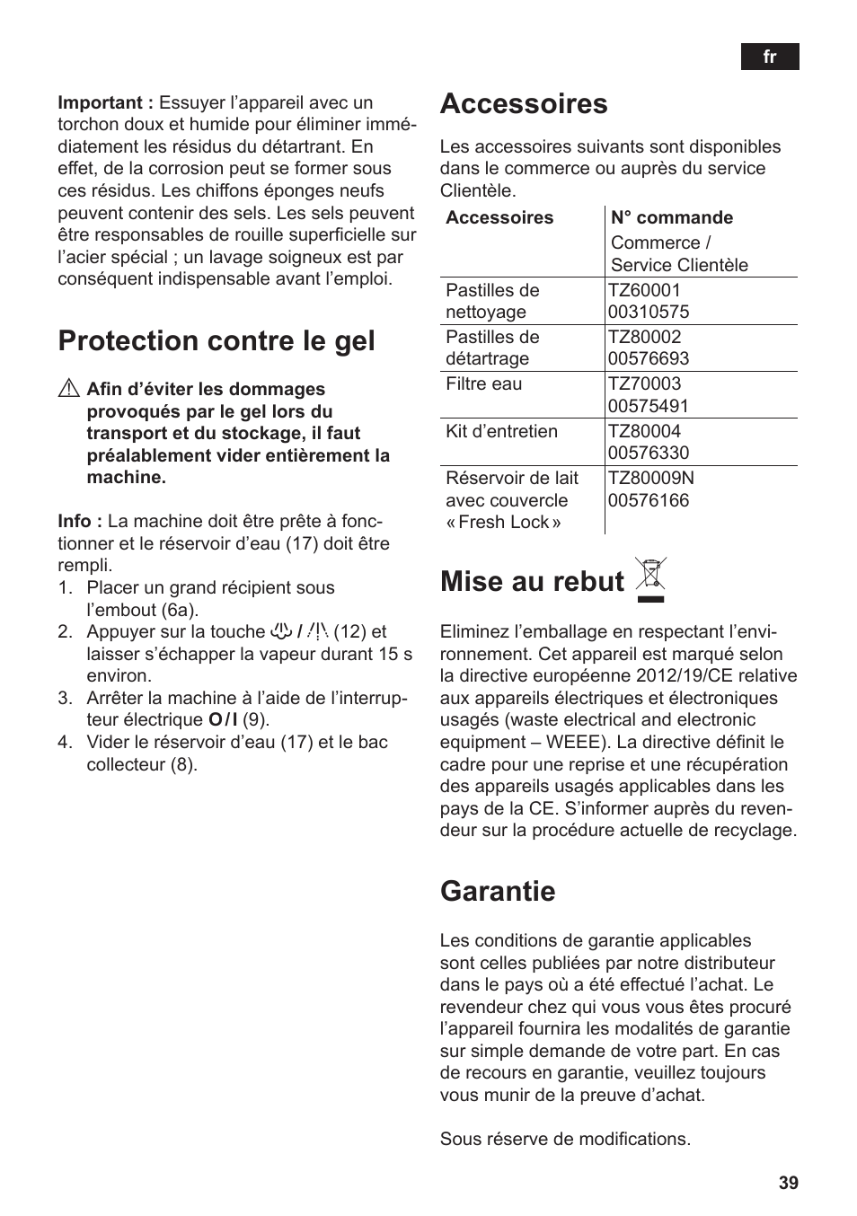 Protection contre le gel, Accessoires, Mise au rebut | Garantie | Siemens TE506209RW User Manual | Page 43 / 138