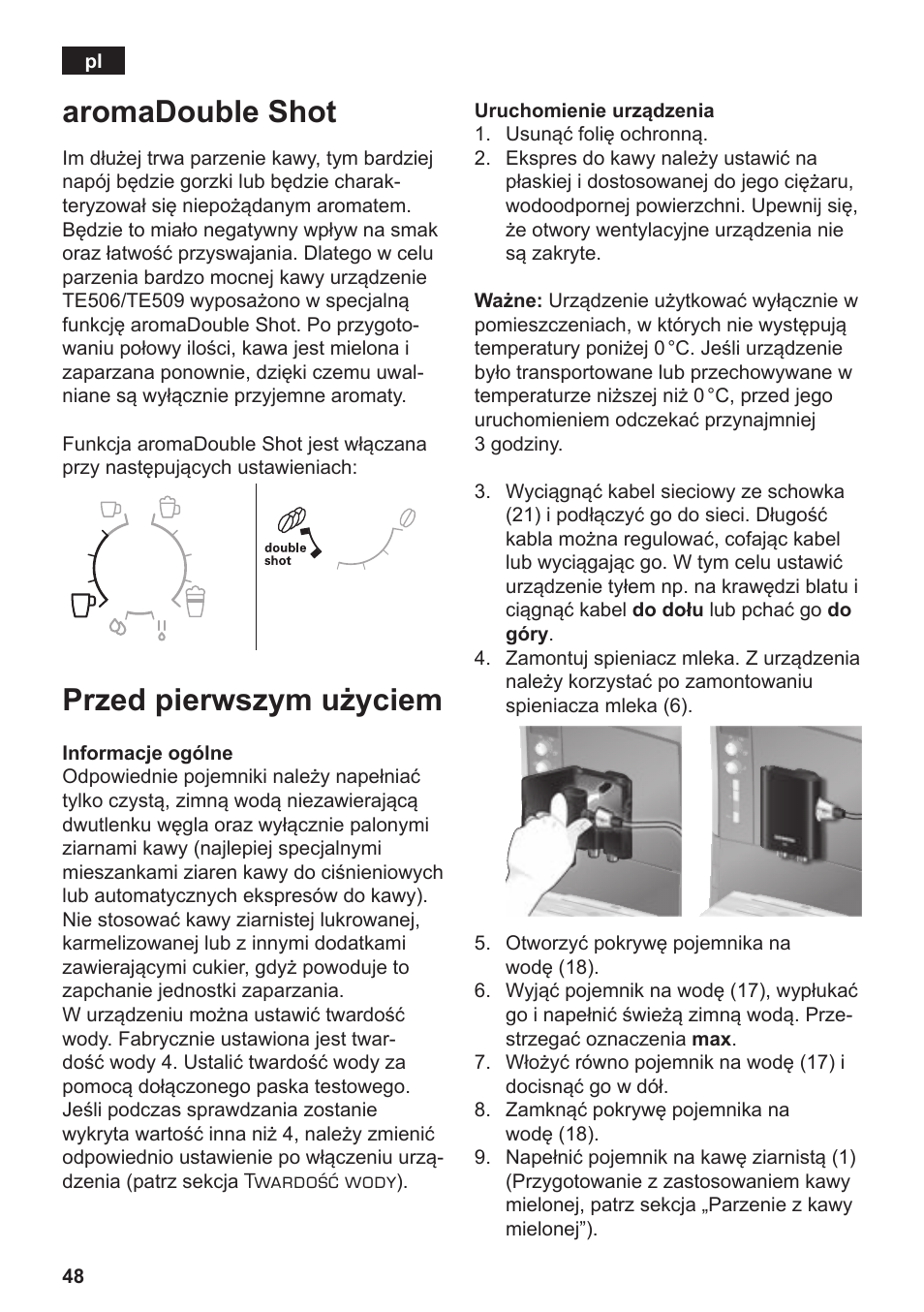 Aromadouble shot, Przed pierwszym użyciem | Siemens TE506209RW User Manual | Page 52 / 138