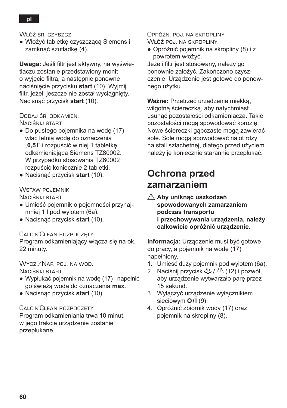 Ochrona przed zamarzaniem | Siemens TE506209RW User Manual | Page 64 / 138