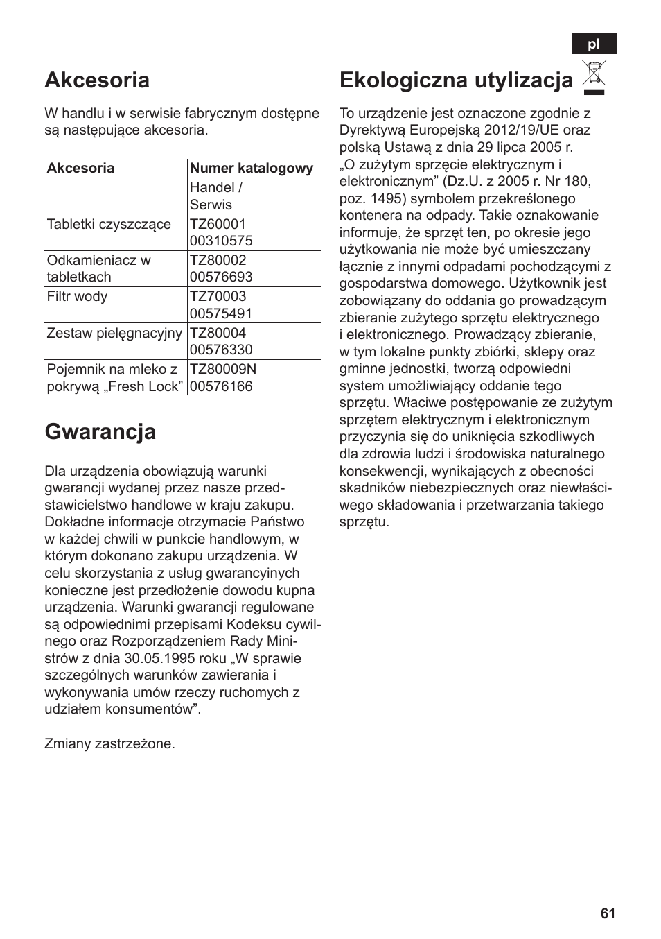 Akcesoria, Gwarancja, Ekologiczna utylizacja | Siemens TE506209RW User Manual | Page 65 / 138