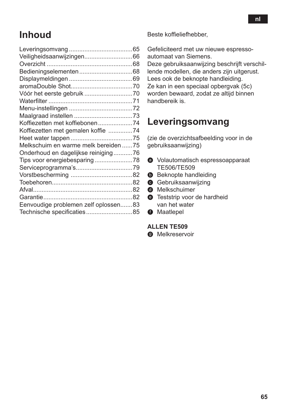 Leveringsomvang, Inhoud | Siemens TE506209RW User Manual | Page 69 / 138