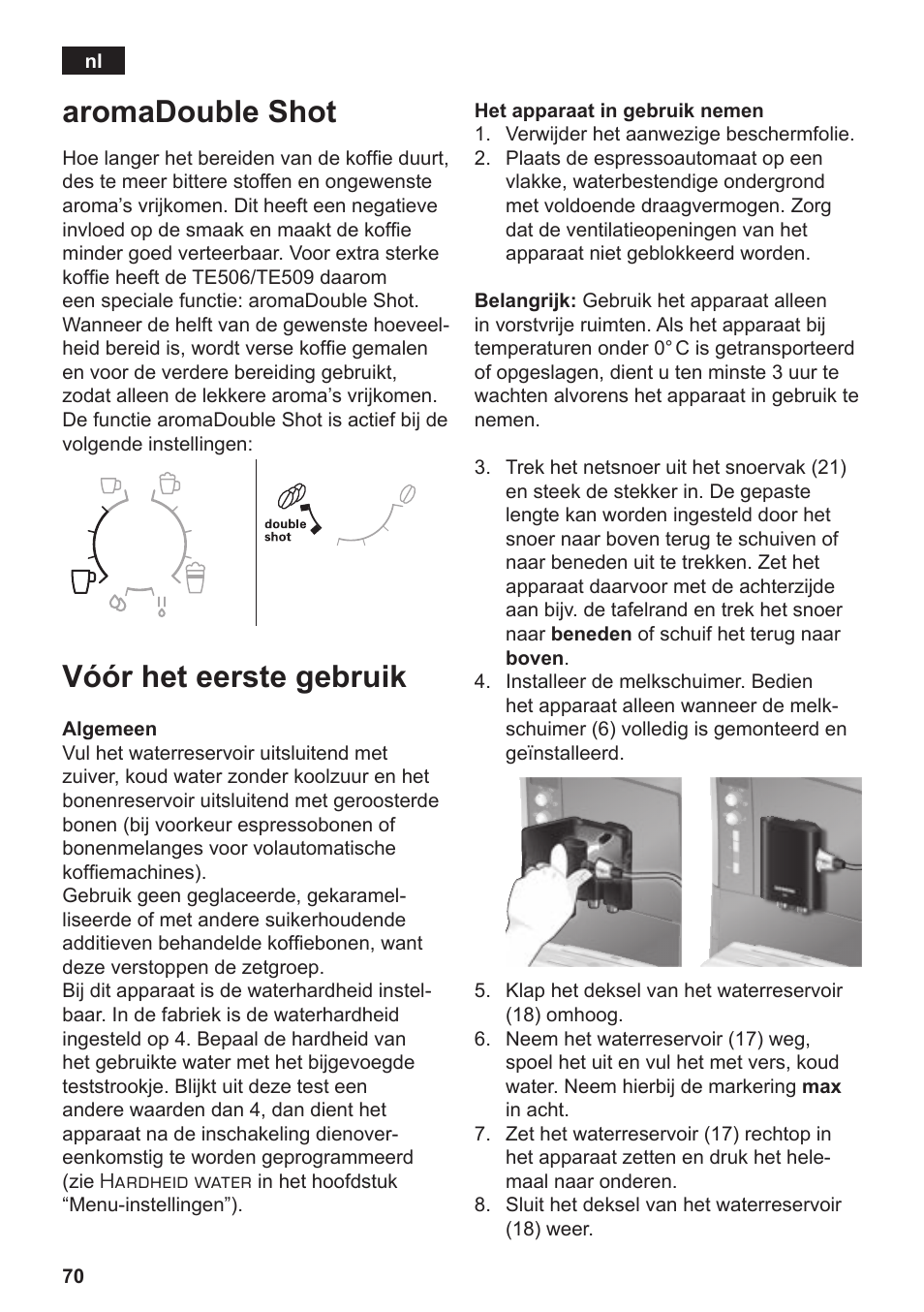 Aromadouble shot, Vóór het eerste gebruik | Siemens TE506209RW User Manual | Page 74 / 138