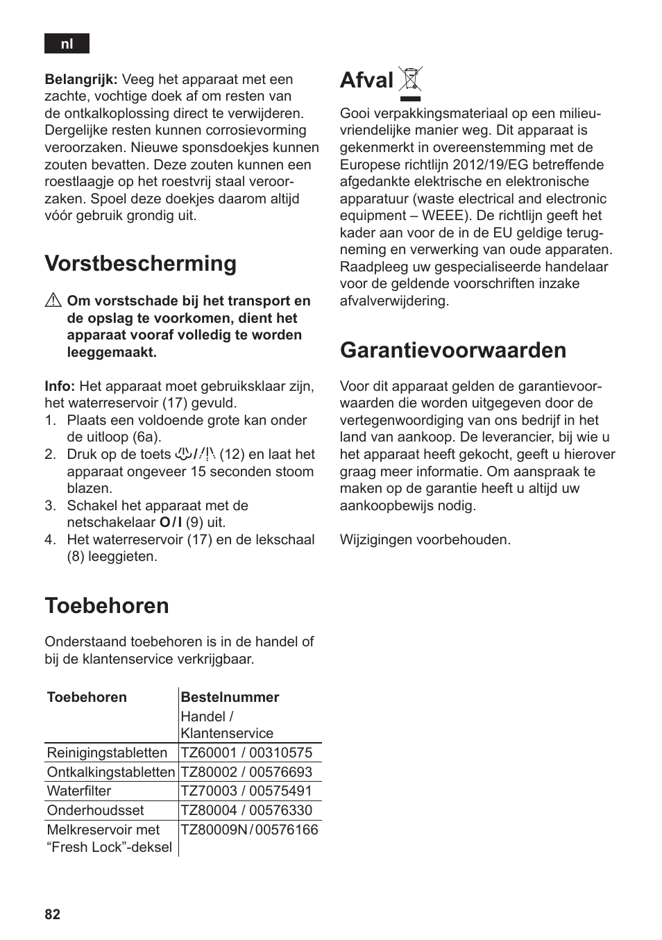 Vorstbescherming, Toebehoren, Afval | Garantievoorwaarden | Siemens TE506209RW User Manual | Page 86 / 138