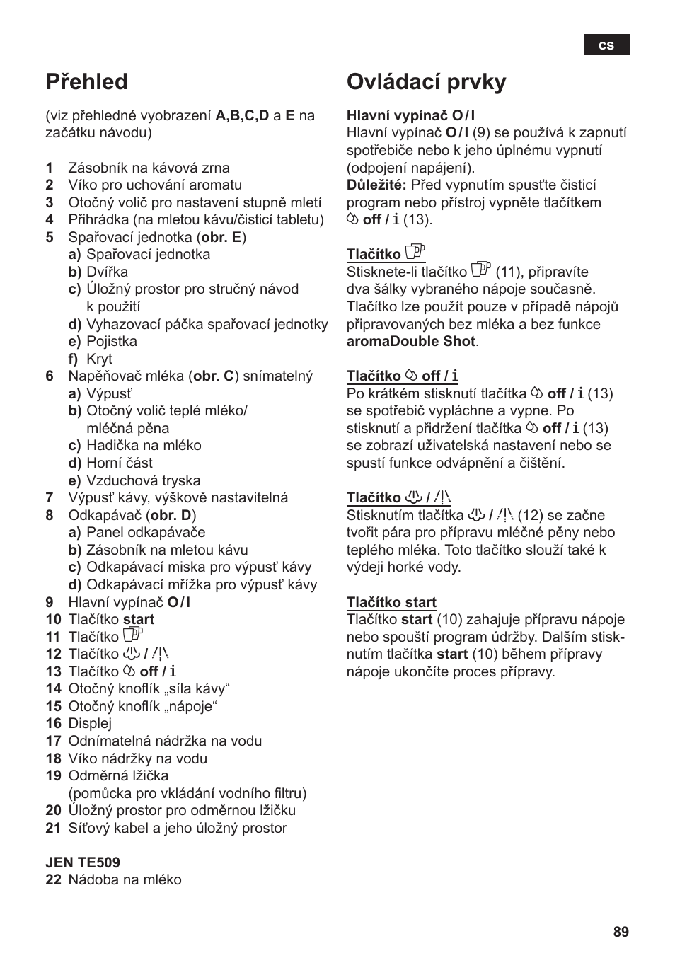 Přehled, Ovládací prvky | Siemens TE506209RW User Manual | Page 93 / 138