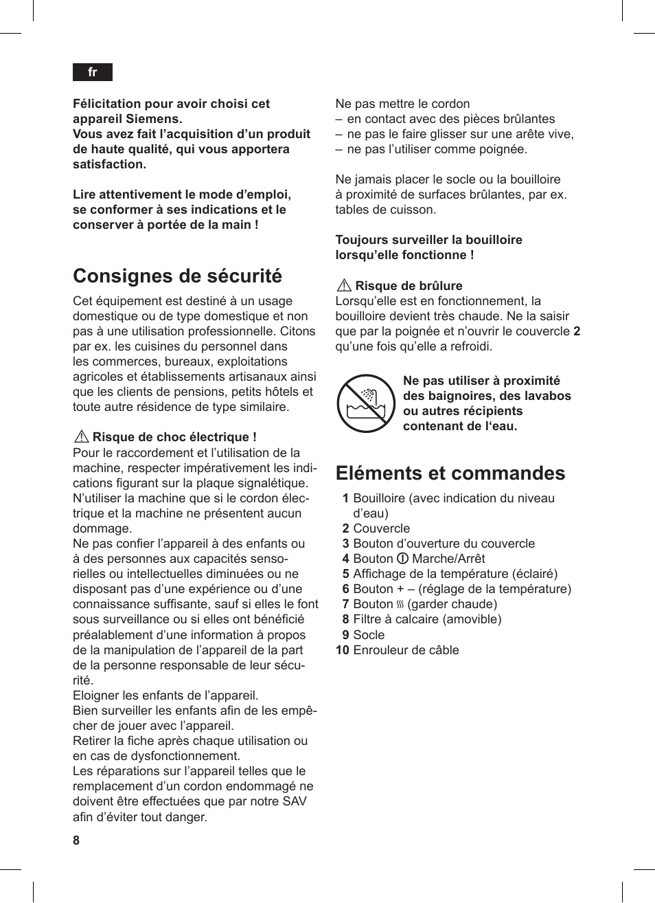 Consignes de sécurité, Eléments et commandes | Siemens TW86104 User Manual | Page 10 / 74