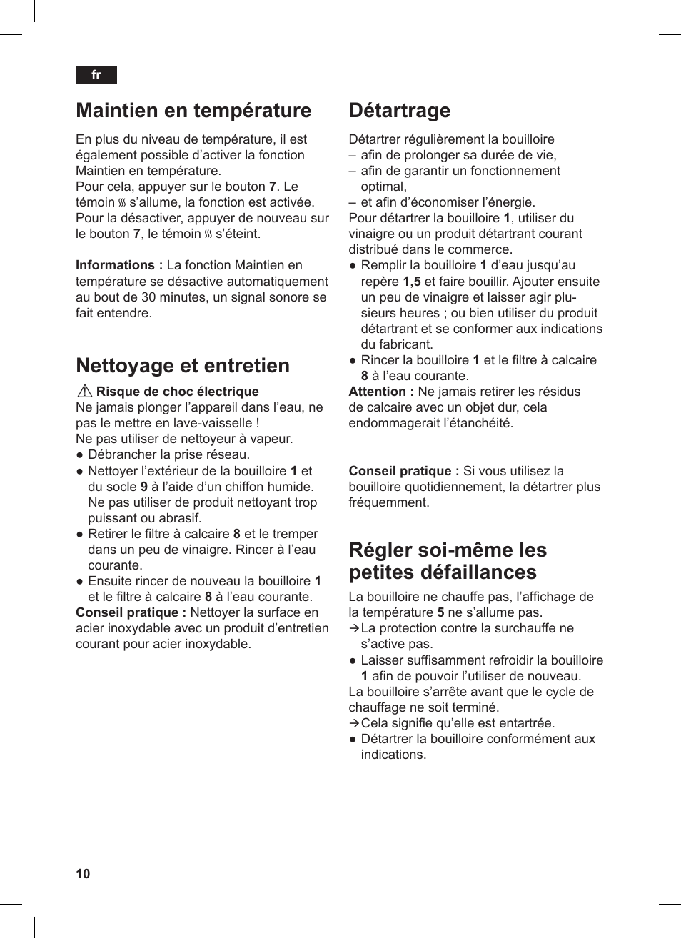 Détartrage, Régler soi-même les petites défaillances, Maintien en température | Nettoyage et entretien | Siemens TW86104 User Manual | Page 12 / 74