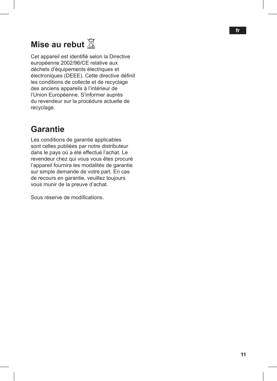 Mise au rebut, Garantie | Siemens TW86104 User Manual | Page 13 / 74