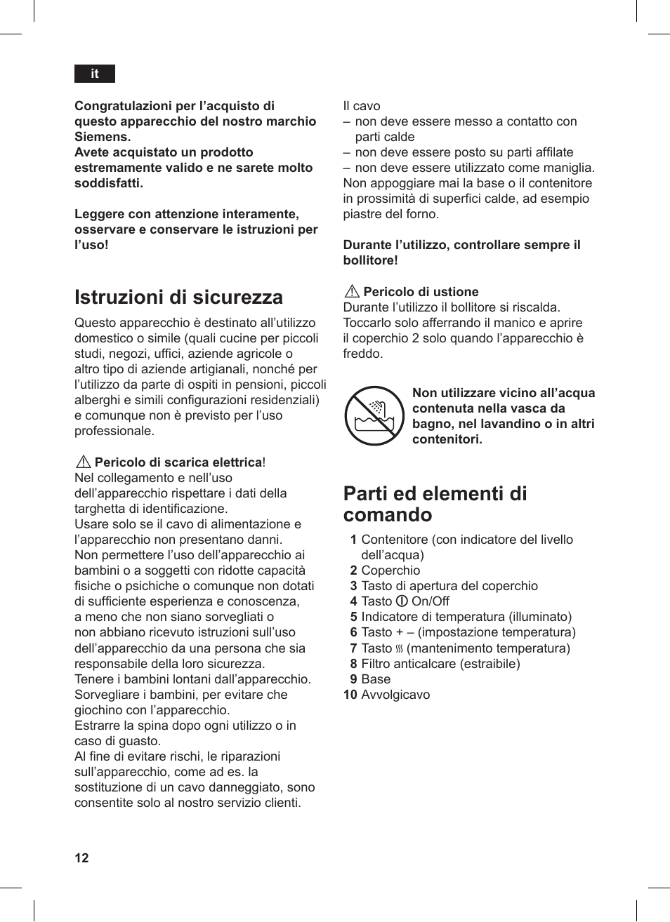 Istruzioni di sicurezza, Parti ed elementi di comando | Siemens TW86104 User Manual | Page 14 / 74